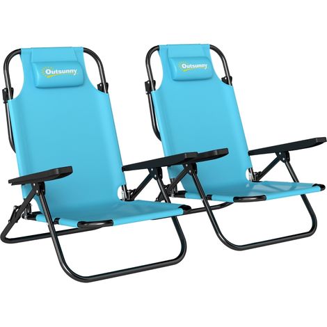 Lot de 2 Chaises de Plage Pliable à 5 Positions avec Dossier, Appui-tête et Accoudoirs, 63x75x80cm, Bleu Clair