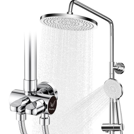 Colonne de Douche avec Mitigeur, Douche Pluie, Pommeau de Douche 3 Jets, Barre de Douche Réglable 90–144 cm, Contrôle Séparé Douche de Tête et Douchette, Argent (1/5)