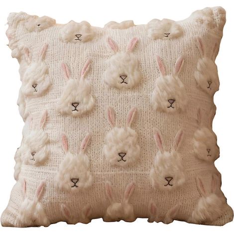 Dekorativer quadratischer Kissenbezug für Ostern, aus waschbarem Plüschstoff, mehrfarbig, verziert mit einem gestickten Ei- und Hasenmuster. (1/5)