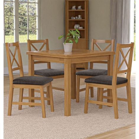 Hallowood Furniture Waverly Oak Extendable Dining Table and Chairs Set 4, Rectangular Small Kitchen Table and Chairs with Cross Back and Charcoal Grey Fabric Padded Seats for Home and Café (1/5)