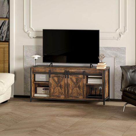 Meuble tv 120x40x54 cm marron avec 2 portes et 2 étagères pour télé jusqu’à 60 pouces (1/5)