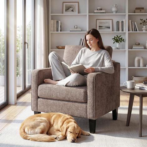 Modern Accent Chair with High Back, Brown, Upholstered Accent Chair With Armrests, Removable Cushion And Wood Legs For Bedroom, Reading Nook Or Lounge