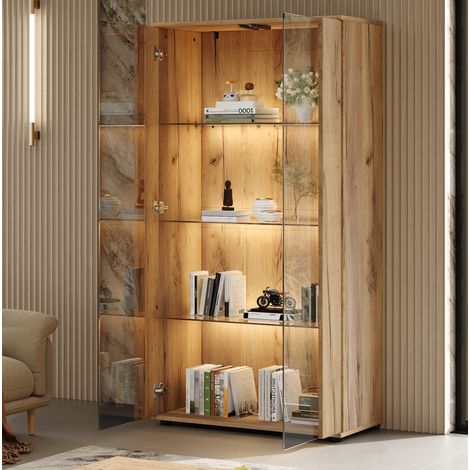 Vitrine 2 portes vitrées, 4 étagères, LED réglable, 80 x 36 x 150,5 cm, naturel