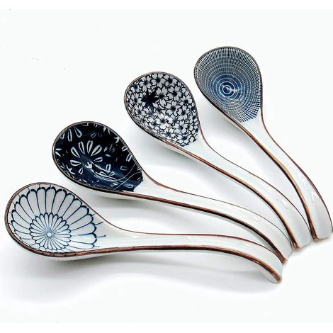 Asiatischer Suppenlöffel, 16,5 cm langer japanischer Pho-Löffel mit langem Griff für Miso (blau-weißes Porzellan, 4er-Set)