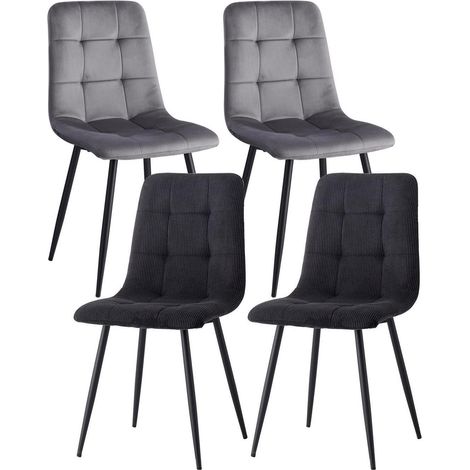 4er-Set Esszimmerstühle, Samt & Cord, Schwarze Metallbeine, Grau + Schwarz (1/5)