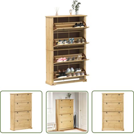 The Living Store Armoire à chaussures Corona 99x32x163,5 cm bois de pin massif - Meuble Chaussure - Armoire Chaussure - Range Chaussures - Meuble Rangement - Rangement Intérieur (1/5)