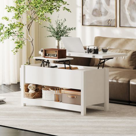 Mesa de Centro Elevable y Extensible con Compartimentos Ocultos Estante Abierto 100x90x64 cm Blanco (1/5)