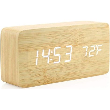 Horloge en Bois Réveil numérique en Bois créatif Réveil LED Multifonctionnel élégant avec Alimentation USB Commande vocale - Bois de Bambou (1/5)