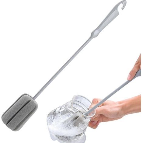 Brosse pour biberon, goupillon pour tasse, brosse de lavage pour biberon à long manche, brosse de nettoyage avec éponge, goupillon pour tasse à long manche, tête et système de suspension, brosse pour (1/5)