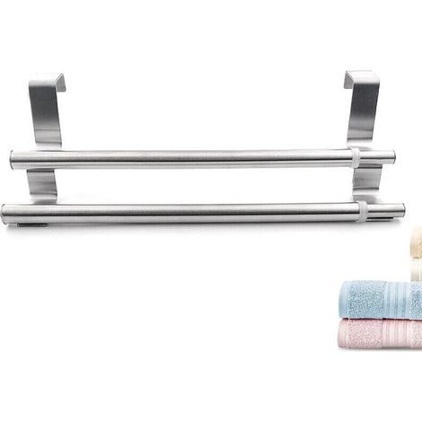 Porta asciugamani doppio in acciaio inox per porte e armadi. Porta salviette doppio con facile installazione. Senza foratura - Larghezza regolabile. Dimensioni: 25-40 x 8 x 9 cm (1/5)