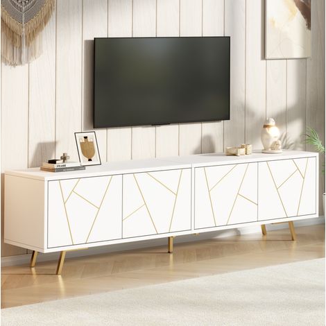 Mueble para TV de tablero de partículas blanco y dorado 190x40x51.5 cm con 4 puertas, 5 patas metálicas y almacenaje (1/5)