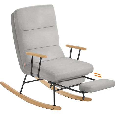 Fauteuil à bascule en tissu peluche gris tourterelle – Dossier réglable 4 positions – Pieds en bois d'hévéa – Supporte jusqu'à 160 kg
