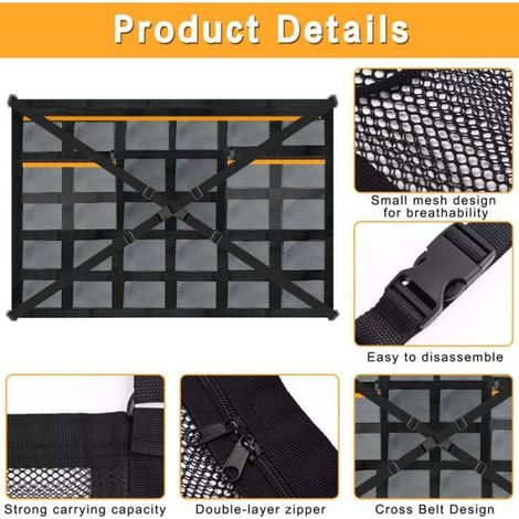 Filet de rangement pour voiture, filet de rangement de toit 90×65 cm, 3 poches, convient aux SUV, fourgonnettes et jeeps. (1/4)