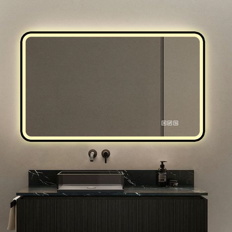 REDOM - Espejo de baño LED - 70x90 cm - 3 colores de luz - antivaho - intensidad regulable - memoria - vidrio templado - negro
