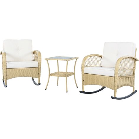Ensemble balcon 3 pièces en rotin : fauteuils avec coussins beiges, charge maximale 160 kg par siège. (1/5)