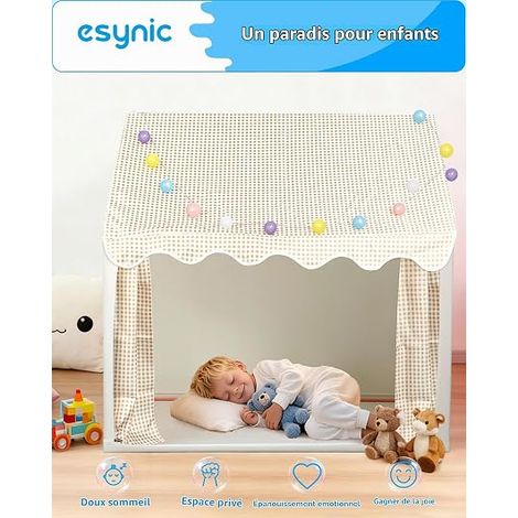 Tente de Jeu Interieur Beige à Carreaux 120x100x130cm Guirlande Lumineuse LED Cabane Intérieur Fenêtre Support Métallique Enfant (1/3)