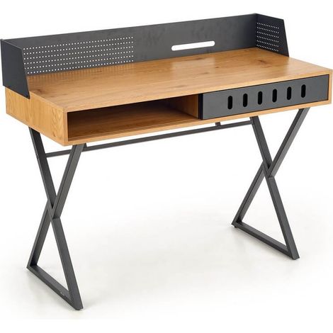Bureau style industriel 110 x 50 cm aspect chêne doré et métal noir WORKER (1/5)