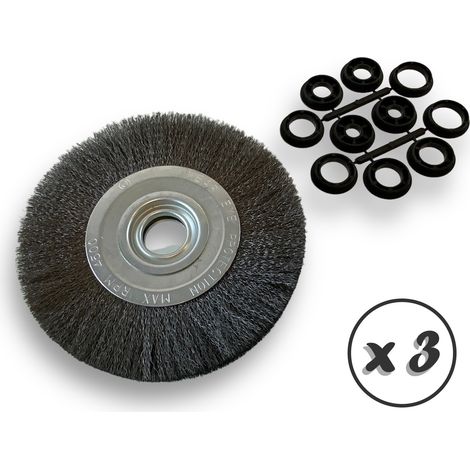 Lot de 3 brosses circulaires ACIER Ø 200 mm Epaisseur 2 rangs Fil dur 0.30 mm ondulé Alésage 32 mm + réducteur bague 25/22/20/16/12 mm Touret affûteuse ponceuse Kibros 238202ATx3 (1/5)