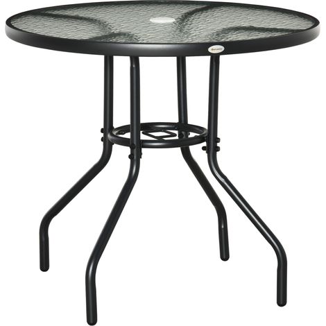 Outdoor φ80cm Round Dining Table Tempered Glass Top Steel Frame Bistro Coffee End Side Table Garden w/ Parasol Hole