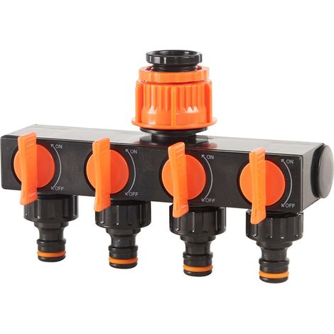 Répartiteur de tuyau d'arrosage 4 voies avec vannes marche/arrêt individuelles. Raccords de tuyau compatibles avec la plupart des robinets d'arrosage (économique). (1/5)