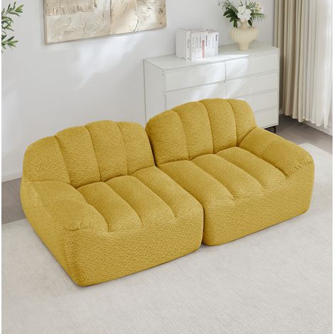 Canapé modulable 2 places, forme coquillage, assise profonde de 68 cm, sans montage, assise profonde, fleece granuleux, jaune (1/5)