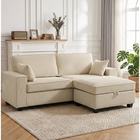 Ecksofa mit Stauraum-Ottomane, 3-Sitzer L-Form, Cord, Beige OKMYHOME (1/5)
