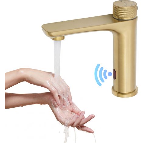 Robinet infrarouge de salle de bain avec capteur - Robinet automatique sans contact - Mitigeur de lavabo pour lavabo, salle de bain, cuisine, lavabo à main (doré) (1/5)