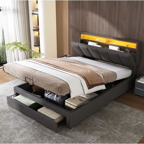 Letto imbottito 140x200 cm grigio in lino con LED, rete a doghe in legno e vano contenitore sotto il letto (1/5)