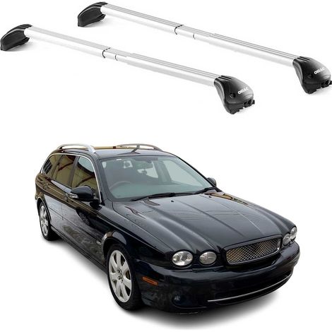 OMAC Barres de toit transversales certifiées TÜV pour Jaguar X-Type Break 2002-2009 – Verrouillables (4 antivols) – Charge max 100 kg – Sangle inox + protection caoutchouc Argent (1/4)