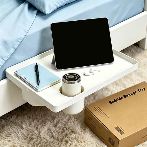 Hanging Bedside Table for Bed, Large Fixed Nightstand on Frame, 43x29.5 cm, with Glass Holder and Cable Management, Bed Tray for Smartphone, White (1/5)