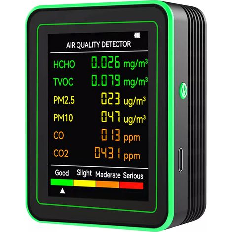 Moniteur de qualité de l'air 6 en 1 : détecteur de CO2, PM2.5, PM10, HCHO, TVOC, CO, formaldéhyde, écran LCD, détecteur de gaz, capteur de CO2, analyseur
