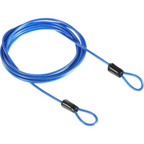 Câble de sécurité en acier, 2,5 mm x 2 m, câble en acier gainé pour cadenas de bagages — avec double boucle (bleu)