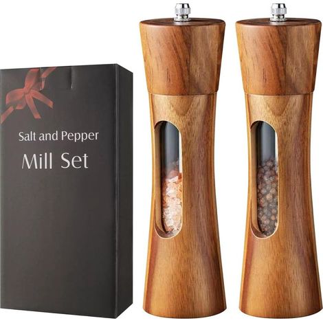 2-piece pepper and salt mill set, manual spice mills with viewing window, adjustable ceramic spice grinder for sea salt, chili and pepper (1/5)