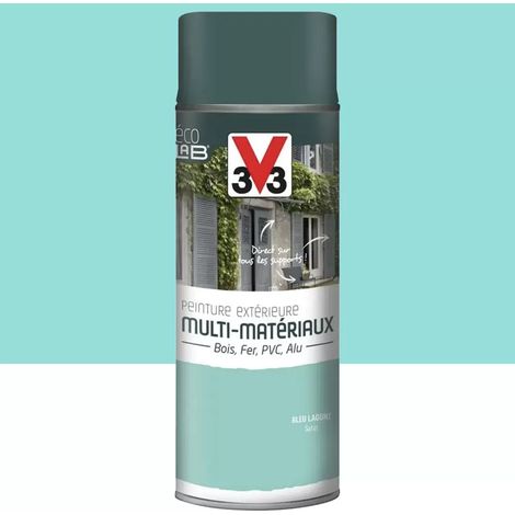 V33 – Bombe de peinture aérosol extérieure multi-matériaux satin bleu lagune 0,4 L – Résistante aux chocs et intempéries – Application directe sur bois, fer, PVC, alu (1/3)