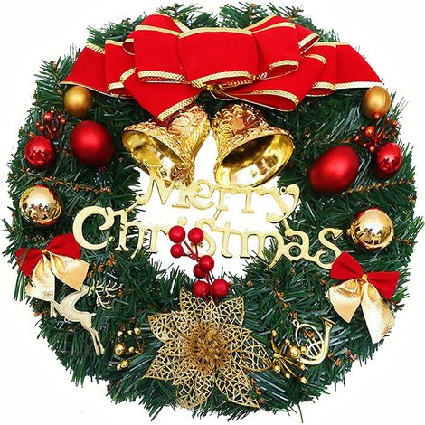 30 cm Weihnachtskranz, Türgirlande mit Weihnachtskugel, Weihnachtsblume, Schleife und Beere für Haustür, Kamin und Wanddekoration (innen/außen) – Rot-Grün (1/5)