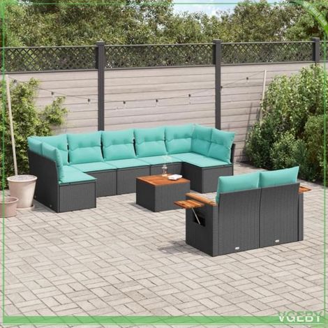 Salon de jardin - 10 pcs modulable - Résine tressée noir - Coussins bleus déhoussables - Table acacia (1/5)