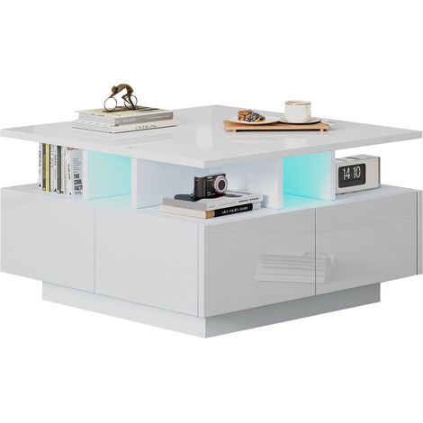 CHICFURN Tavolino da caffè 70 x 70 x 40 cm bianco in truciolare con LED e 4 cassetti (1/5)