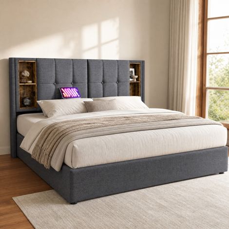 CHICFURN Cama 160x200 cm gris de algodón con almacenaje y carga inalámbrica, sin colchón (1/5)