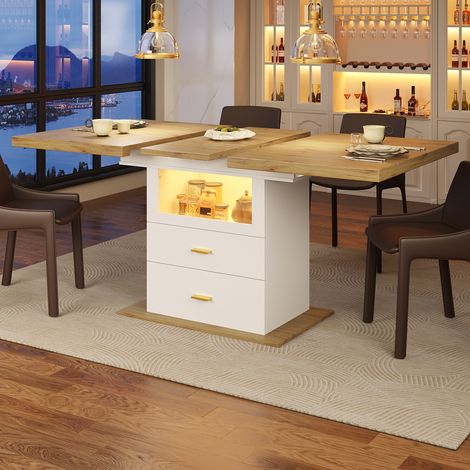 Table de salle à manger extensible avec éclairage LED et commande par application, 110-140 cm, avec espace de rangement, aspect bois MDF, pour cuisine et salle à manger (1/5)