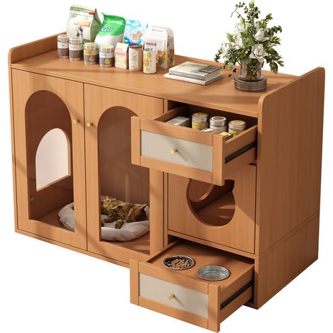 Meuble litière chat 5-en-1 avec gamelles, espace repos et rangement, effet bois foncé, 120 x 45 x 83 cm, design discret pour salon  CHICFURN (1/5)