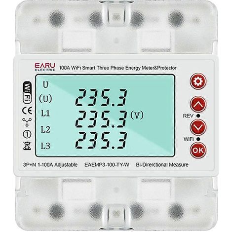 Compteur d'énergie intelligent bidirectionnel EARU triphasé 380 V 100 A Tuya WiFi avec relais de protection contre les surtensions et les sous-tensions (1/5)