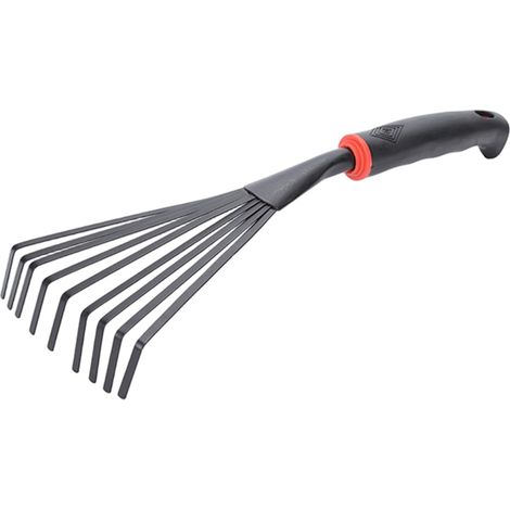 Râteau à main, petit râteau de jardin en acier inoxydable à 9 dents avec manche en plastique, outil de jardinage à main avec trou de suspension