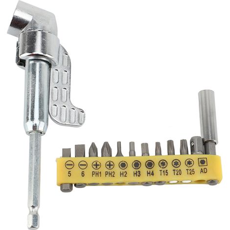 Adaptateur de perçage à angle droit 105 degrés en acier, rallonge de foret avec 12 embouts de tournevis pour visseuses à percussion et perceuses (1/5)