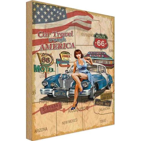 Panneau en bois 40x30 cm Pin-up Voiture Voyage à travers l'Amérique Pin-up (1/4)