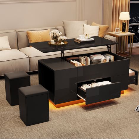 Table basse 100x50x45 cm noire relevable avec LED, 2 tiroirs, panneaux de particules MEUBLIV (1/5)