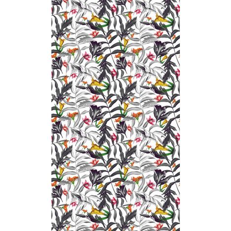 Foliage, rideau imprimé feuilles noir et blanc et fleurs colorées 140x245 cm, 1 pièce (1/2)
