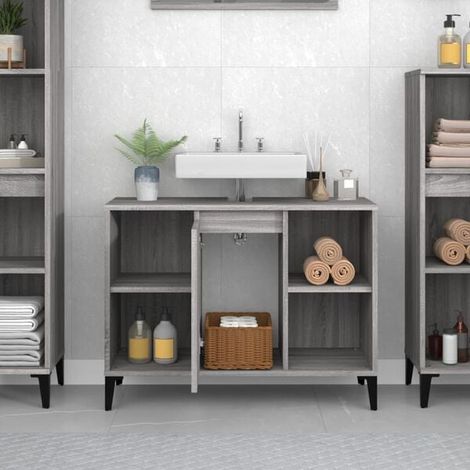 Meuble Salle de Bain 80x33x60 cm, Bois d'Ingénierie Gris Sonoma, Armoire Vasque avec Rangement (1/5)