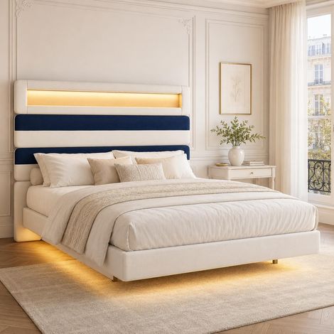 Cama flotante 140x190 cm con LED RGB, puertos USB/Type-C y cabecero regulable, estructura de cama doble tapizada en terciopelo con somier, Azul y Blanco (1/5)