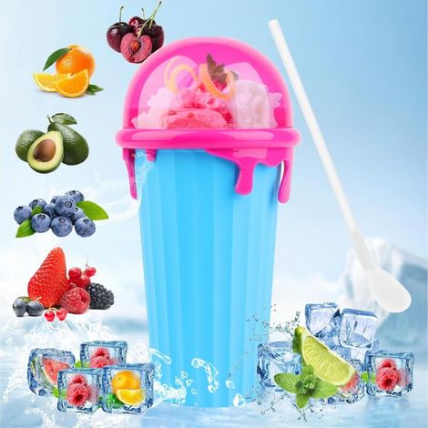 Vaso para granizados, de silicona, 500 ml, con pajita y cuchara 2 en 1, reutilizable para helados y batidos, color azul moderno. (1/4)