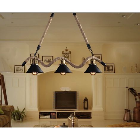 Lampadario a sospensione 3 luci attacco E27 con corda di canapa campane nere stile rustico vintage (1/5)